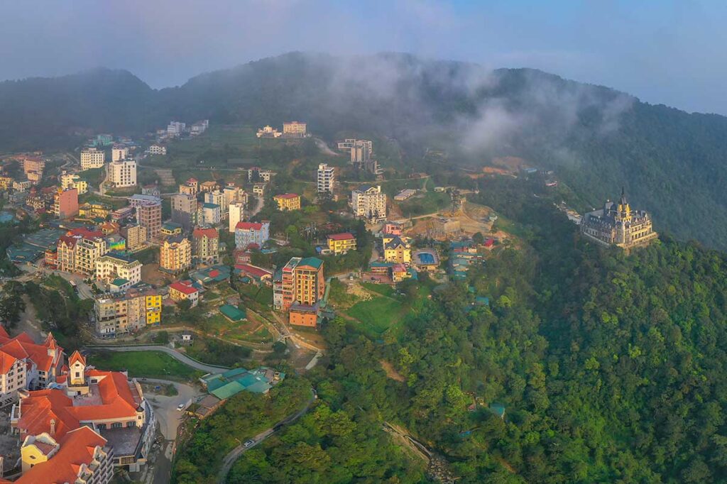 Aerial view of Tam Dao Town nestled on a mountain and between forests