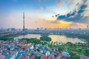 Aerial view of Thong Nhat Park with a large lake
