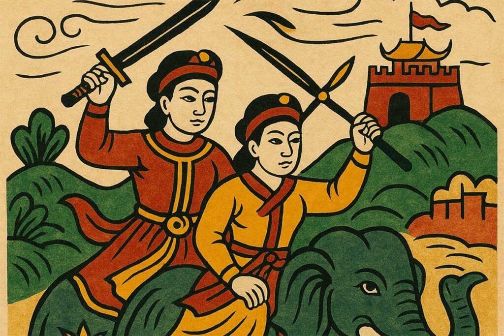 Trung Sisters on an elephant displayed in Dong Ho style