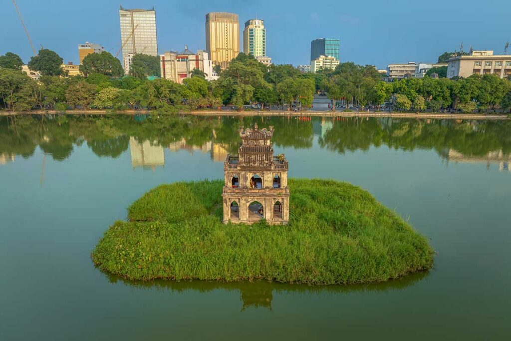 Aerial view from a drone of Turtle Tower clearly see the island within Hoan Kiem Lake