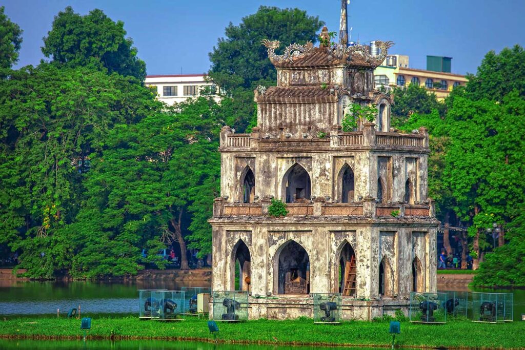 A closeup view of the Turtle Tower in Hoan Kiem Lake - Hanoi
