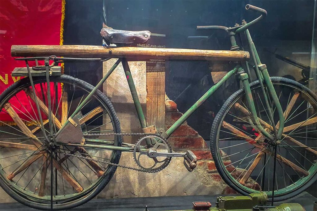 A personal bicycle from a person during the war displayed at Vietnam Military History Museum in Hanoi