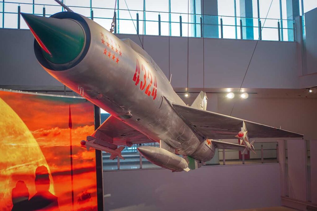 A historic MiG-21 fighter jet on display at the Vietnam Military History Museum symbolizes Vietnam's resilience and victory during the war era.