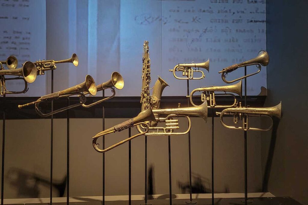 War trumpets used in the Vietnam War displayed in the Vietnam Military History Museum