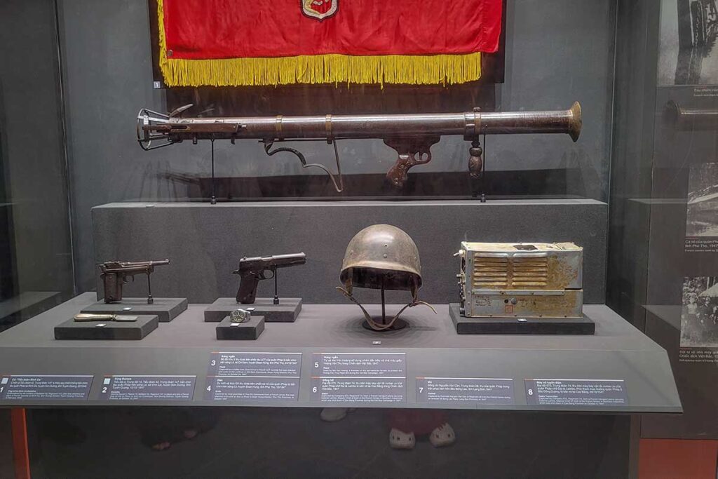 A bazooka, helmet and pistol belonging to American soldiers during the Vietnam War are on display at the Vietnam Military History Museum in Hanoi