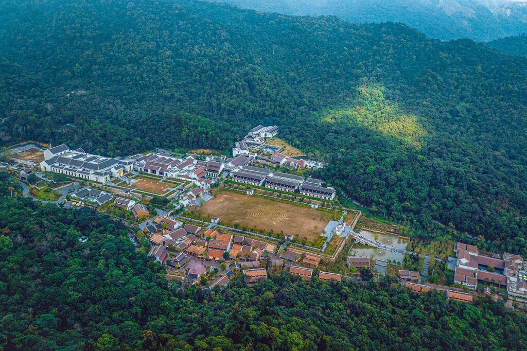 Aerial view of the whole Yen Tu Pagoda complex on the bottom of the mountain