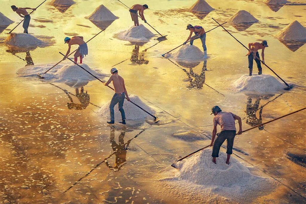 Local workers rake together piles of salt during a beautiful sunrise reflecting on the water at the Bac Lieu Salt Fields
