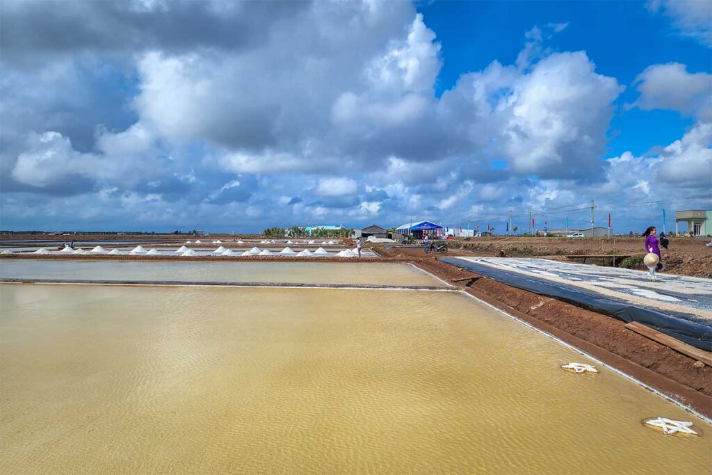 A few large manmade fields with water used for harvesting salt at Bac Lieu