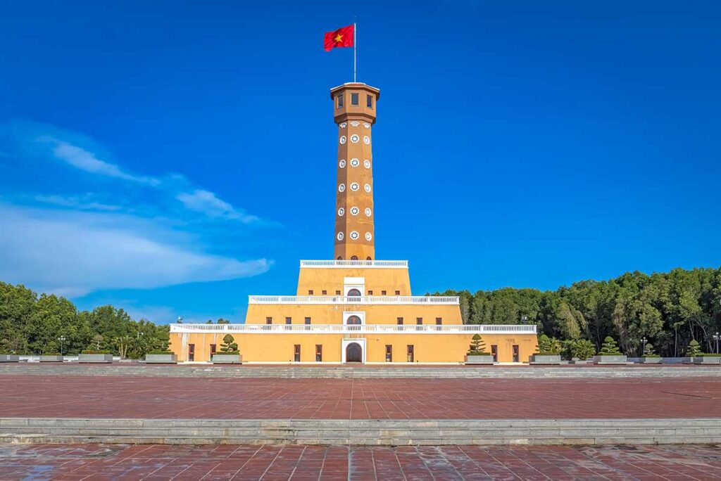 The Ca Mau Flag Tower (replica of Hanoi Flag Tower) standing on Cape Ca Mau indicated the southernmost point of Vietnam