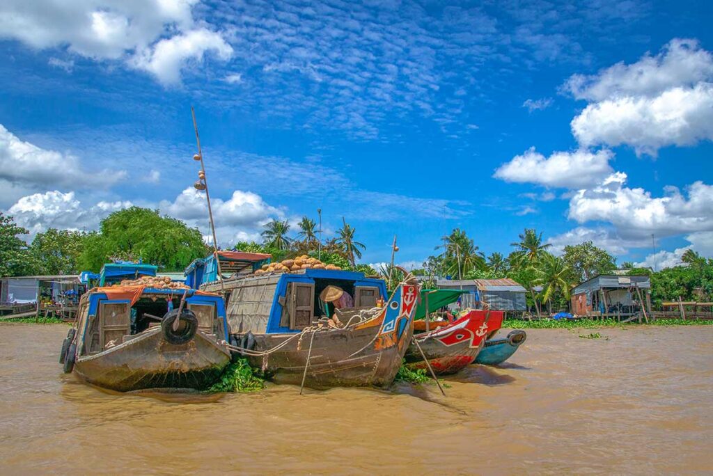 Colorful wooden trading boats anchored at Cai Be Floating Market with fresh produce on deck, Mekong Delta, Vietnam