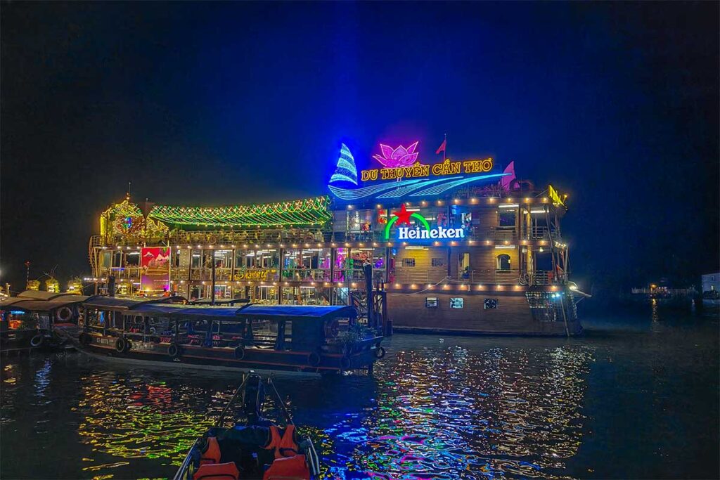 A dinner cruise in Can Tho on the river in the late evening