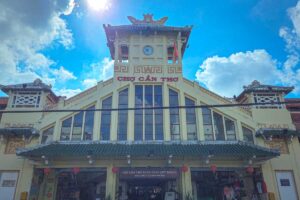 Colonial-era clock tower of Can Tho Market, a landmark by the river in Can Tho