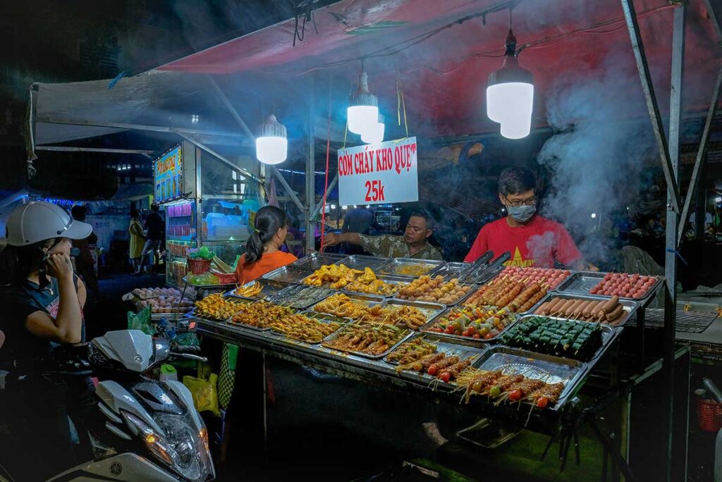 Food stalls at Ninh Kieu Night Market in Can Tho
