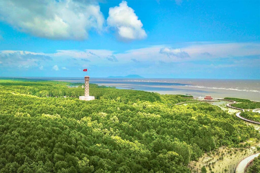 An Aerial view over Cape Ca Mau with Flag Tower visible