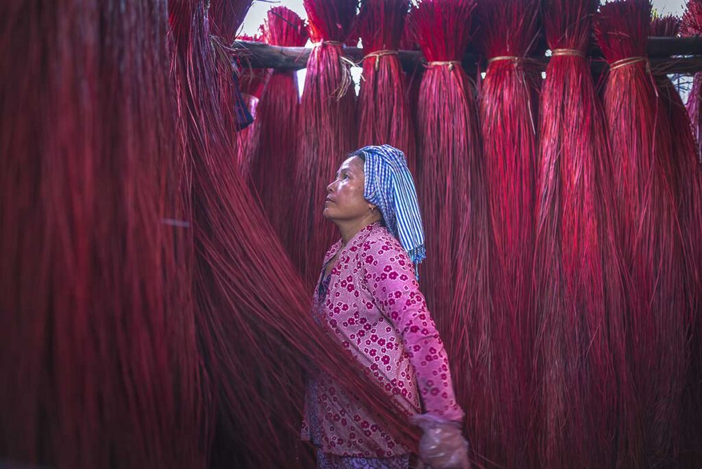 Local woman surrounded by bundles of freshly dyed red sedge at Dinh Yen Mat Weaving Village, Vietnam