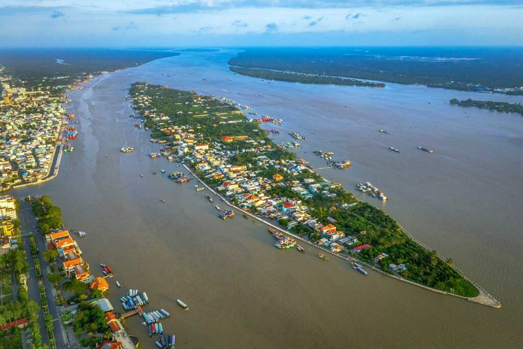 Aerial view of Dragon Island (Tân Long) on the Mekong River opposite My Tho City, Vietnam