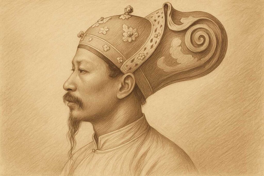 Sepia-toned portrait illustration of Emperor Tự Đức of Vietnam, based on 19th-century drawings by L. Ruffié, showing the emperor in profile with ornate headdress and traditional robe.