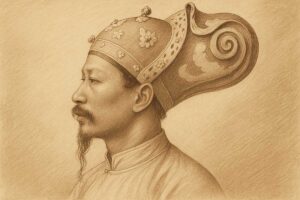 Sepia-toned portrait illustration of Emperor Tự Đức of Vietnam, based on 19th-century drawings by L. Ruffié, showing the emperor in profile with ornate headdress and traditional robe.