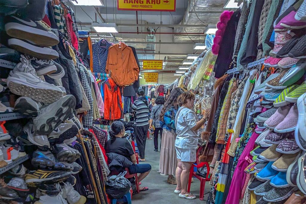 Clothes stalls inside Hang Da Market in Hanoi