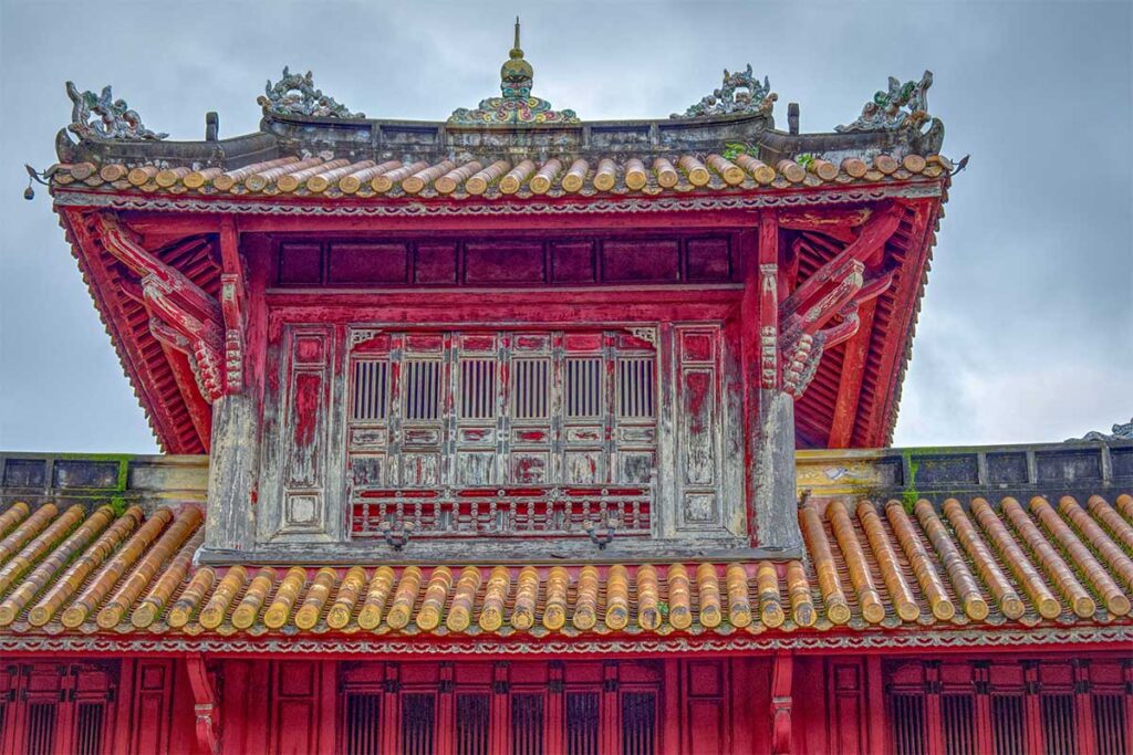 A closeup of the third level seen from outside of the Hien Lam Pavilion part of Hue Imperial city