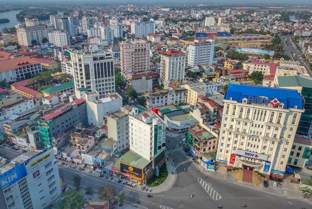 City center of Hue seen from  higher up looking down to the streets and buildings