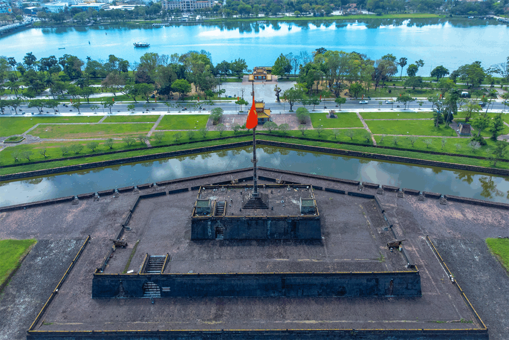 Aerial view of the Hue Flag Tower with behind it Phu Van Lau Pavilion, Nghênh Lương Pavilion and the Perfume River