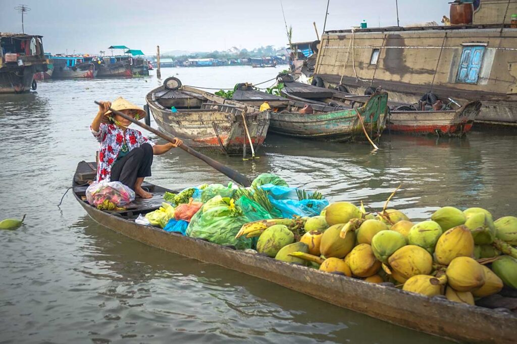 Woman paddling a boat with coconuts and vegetables at Long Xuyen Floating Market