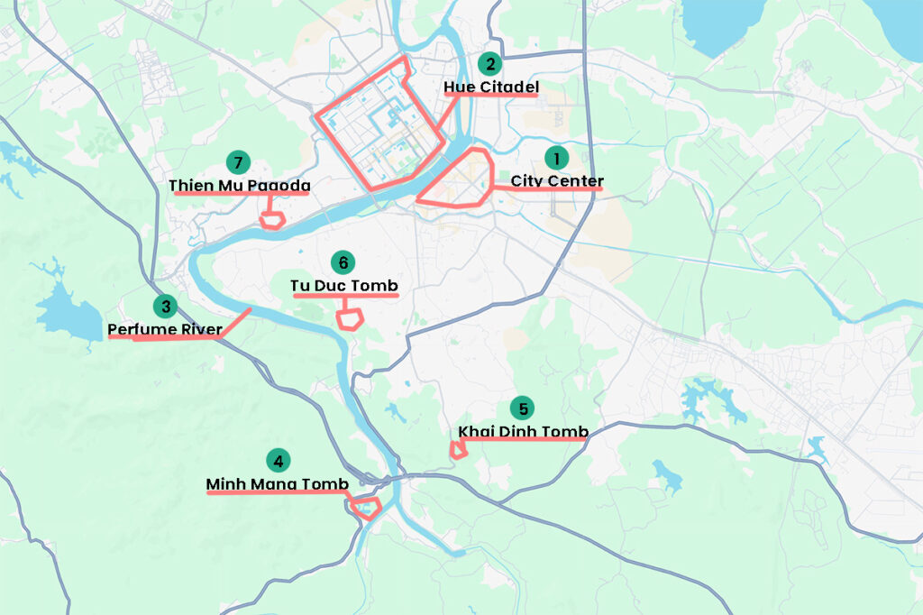 Map of Hue City highlighting the most famous sights like tombes, pagodas and imperial citadel