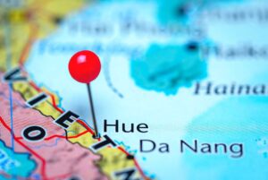 A pin in a map at Hue - showing the location of Hue on a map of Central Vietnam