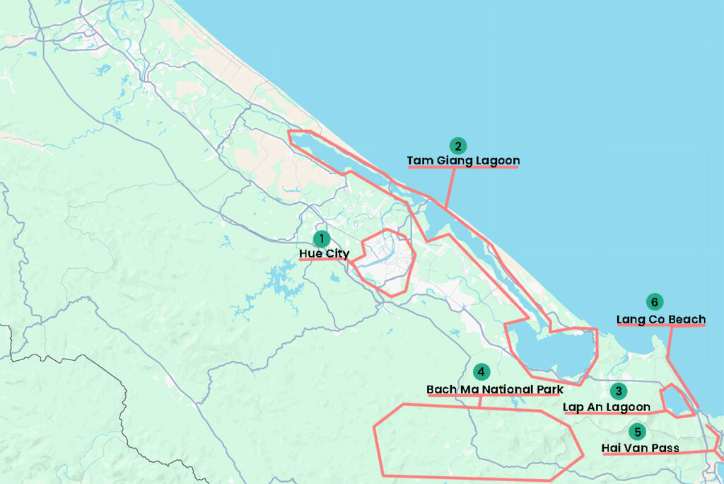 Map of Hue province highlighting the largest sights like lagoons and national parks