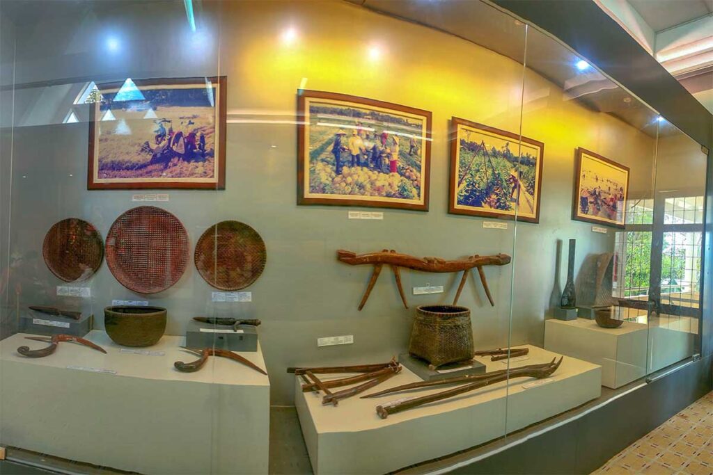 Traditional Khmer farming tools and cultural artifacts displayed at Khmer Ethnic Culture Museum in Tra Vinh.