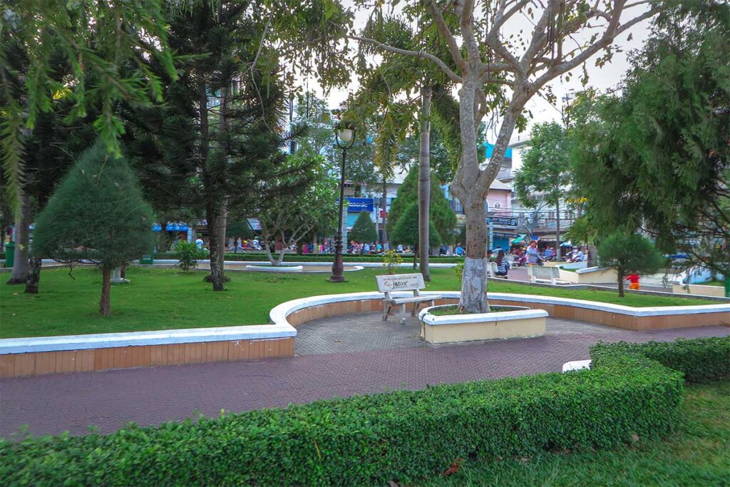 A path along the trees of Ninh Kieu Park in Can Tho city