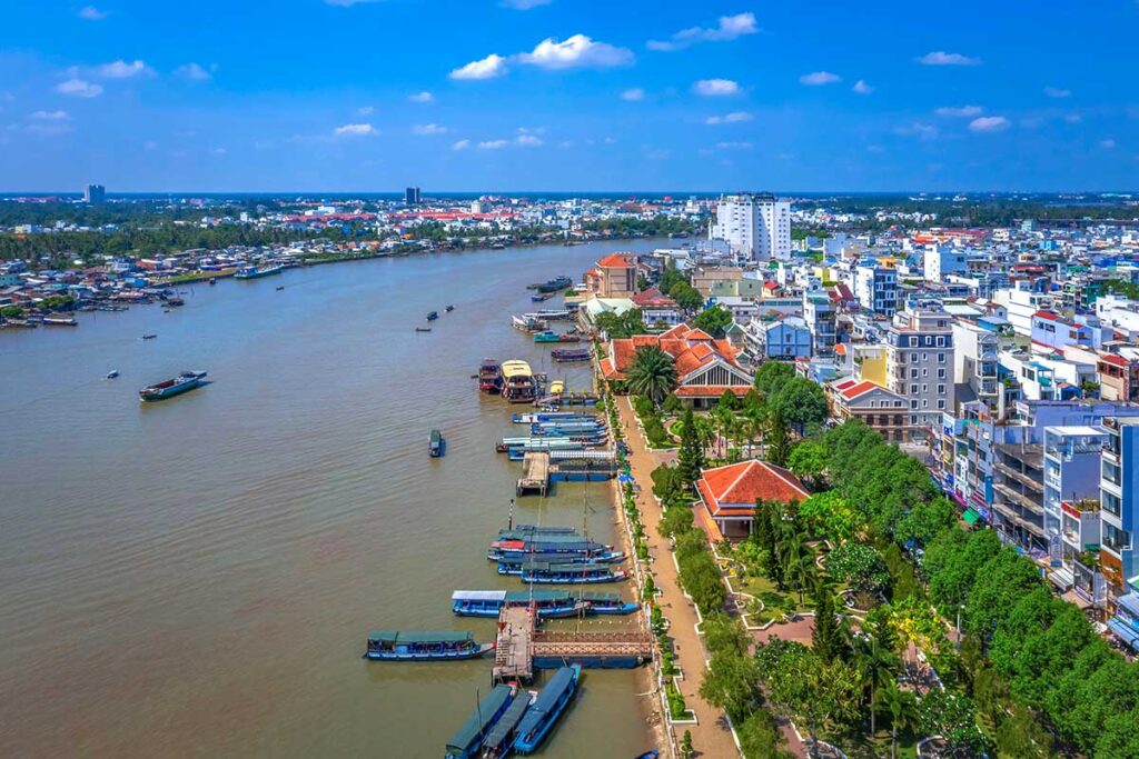 Aerial view of Ninh Kieu Wharf where lot of tourists boats are waiting to start a Can Tho boat tour