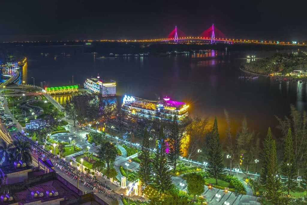 Aerial view of Ninh Kieu Wharf seen at night time with lot of lights