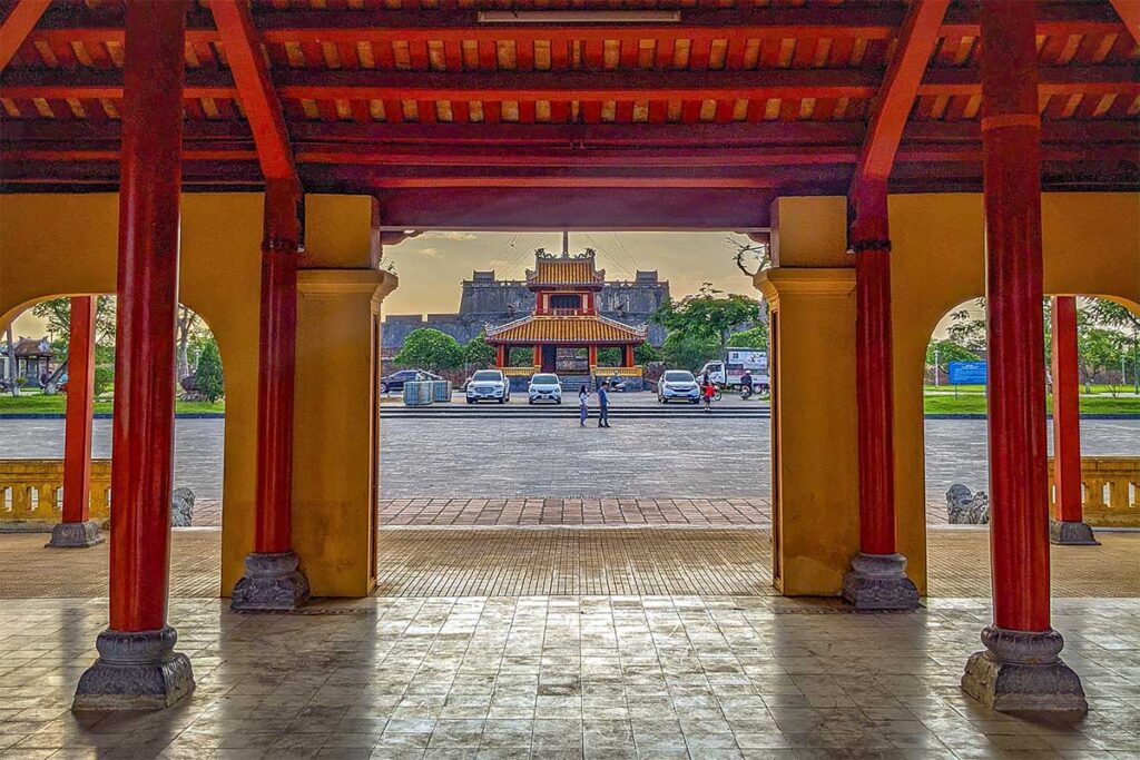 Inside Nghênh Lương Pavilion in Hue looking towards Phu Van Lau Pavilion
