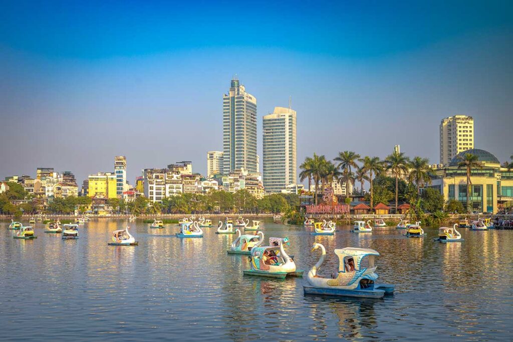 Swan boats on Truc Bach Lake