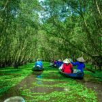 Tourists on sampan boats gliding through green duckweed canals under tall cajuput trees in Tra Su Bird Sanctuary, Mekong Delta.