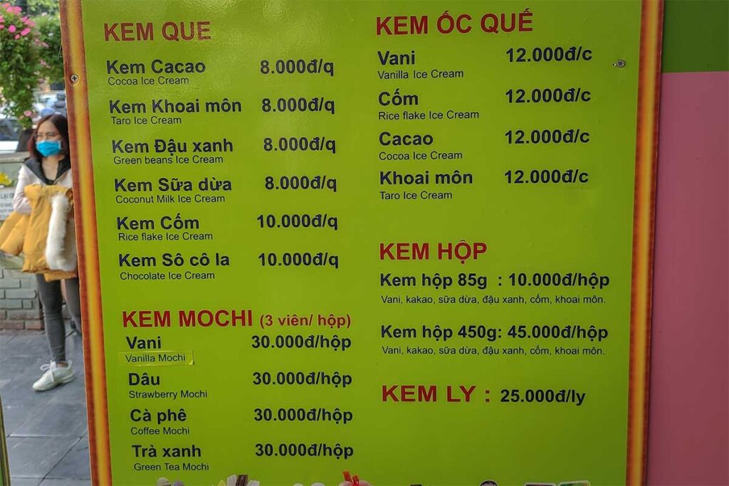 The ice cream menu places on the outside wall of Trang Tien Ice Cream Shop in Hanoi