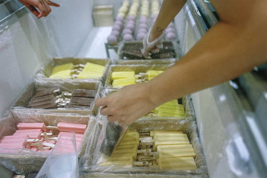 Different ice poptacles in the freezer of Trang Tien Ice Cream Shop in Hanoi