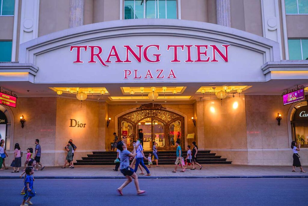 The entrance of Trang Tien Plaza with a big sign with the name of the mall