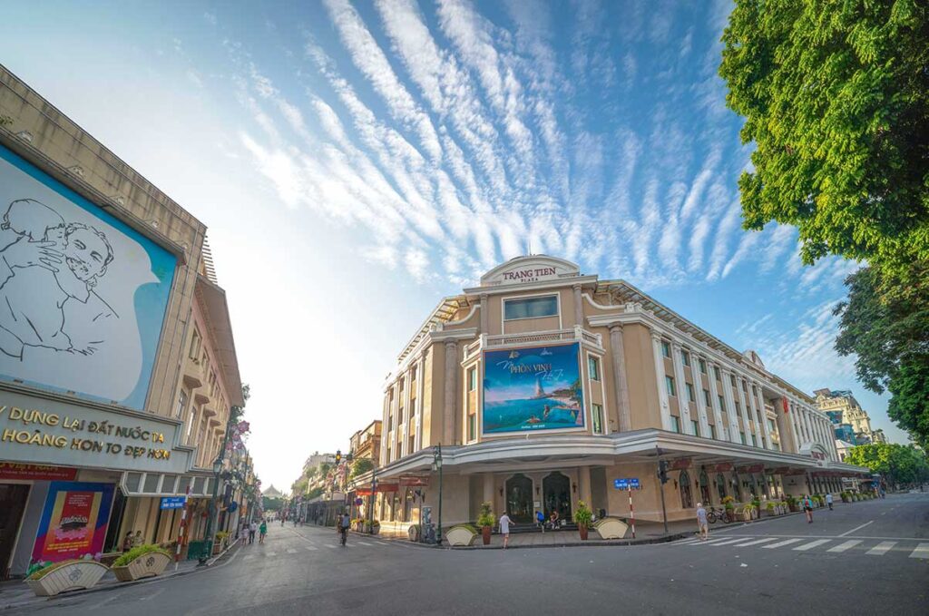 The outside of Trang Tien Plaza with wide boulevard streets on both sides