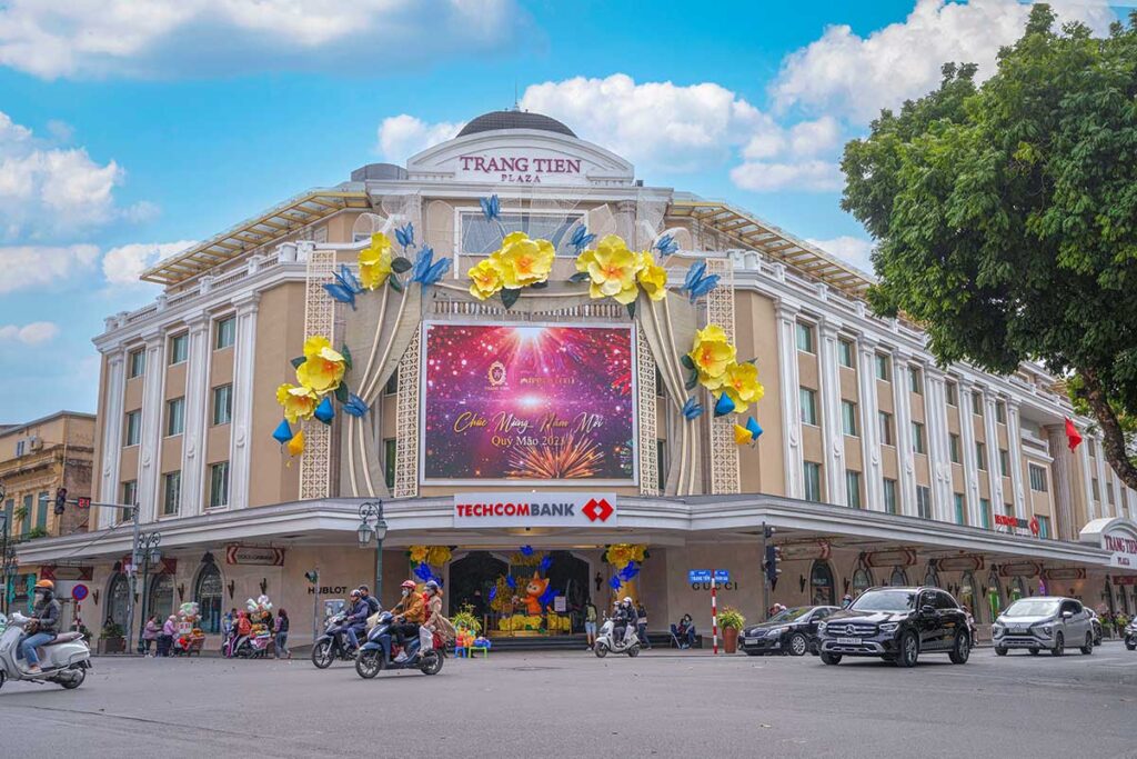 The outside of Trang Tien Plaza in a French colonial building in the French Quarter Hanoi