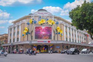 The outside of Trang Tien Plaza in a French colonial building in the French Quarter Hanoi