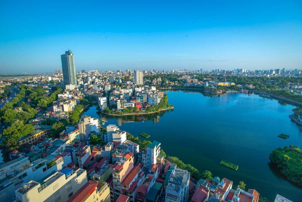 Aerial view over Truc Bach Lake with Ngu Xa Island (Truc Bach Island)