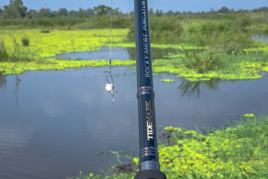 Fishing rod over tea-colored swamp waters with floating vegetation at U Minh Thuong National Park.