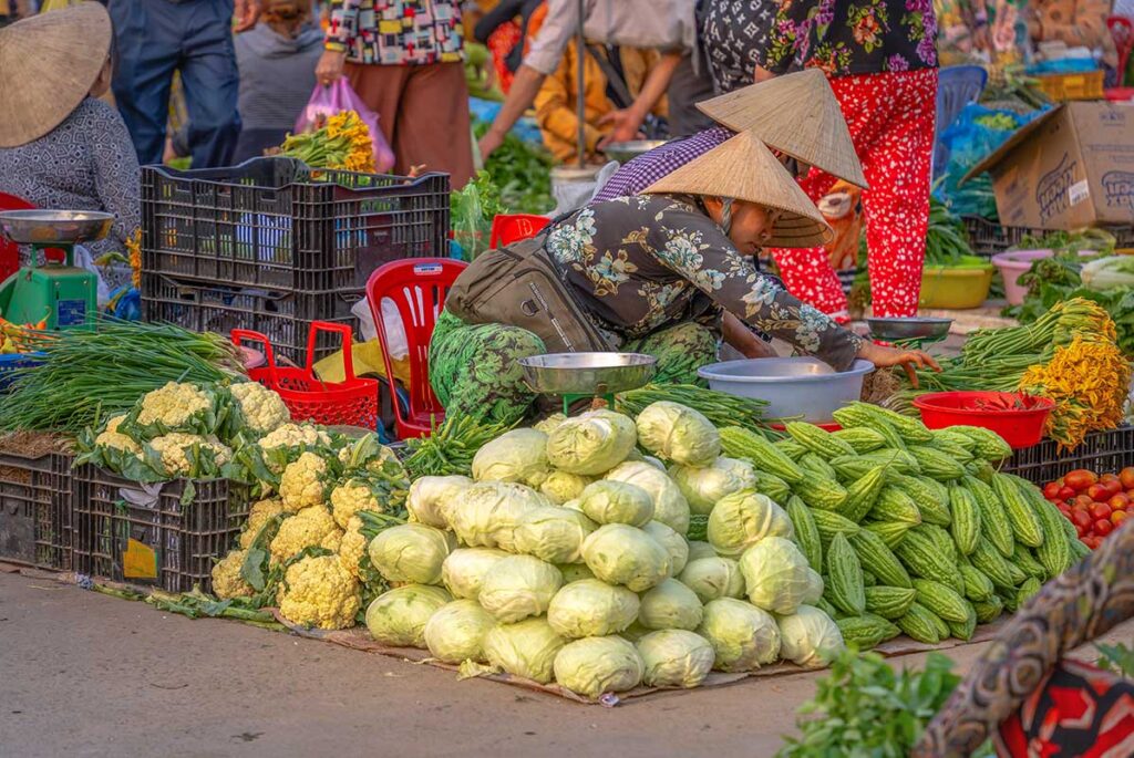 Vendors at Vi Thanh Market Cho Hom selling cabbages, bitter gourds, and fresh greens arranged neatly on the ground