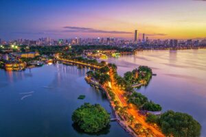 Aerial view over Truc Bach on the left and West Lake on the right