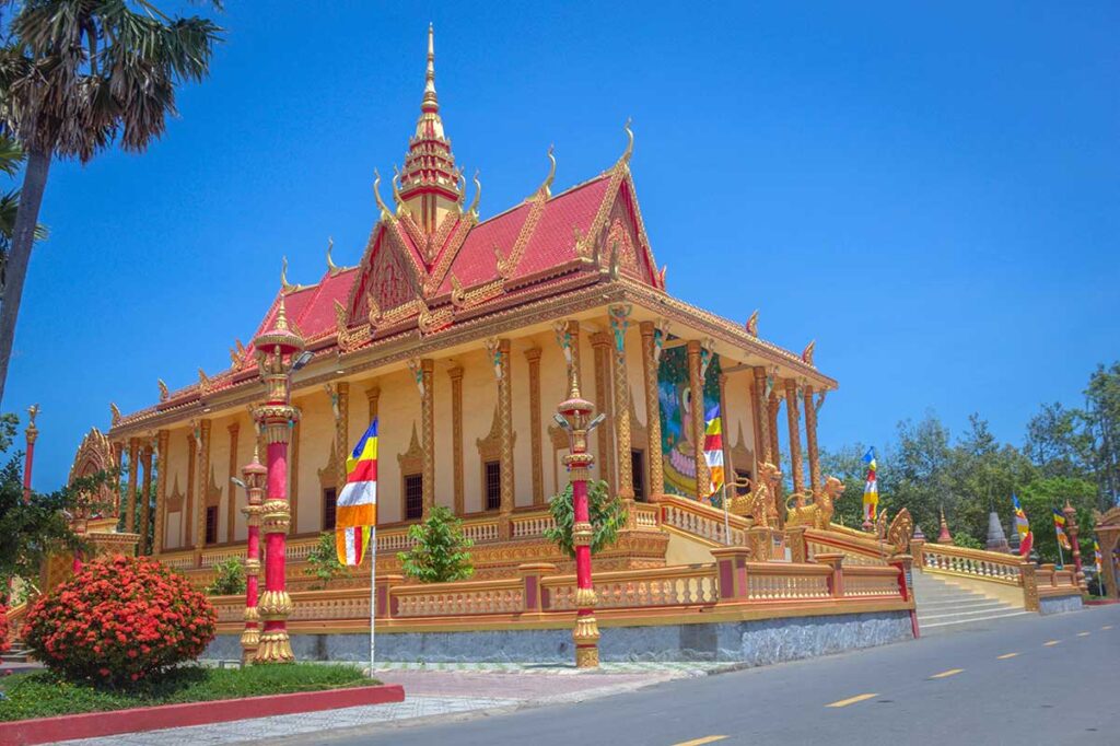 The exterior of the main hall of Xiem Can Pagoda in Bac Lieu
