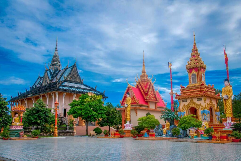Courtyard with different smaller buildings within the Xiem Can Pagoda complex