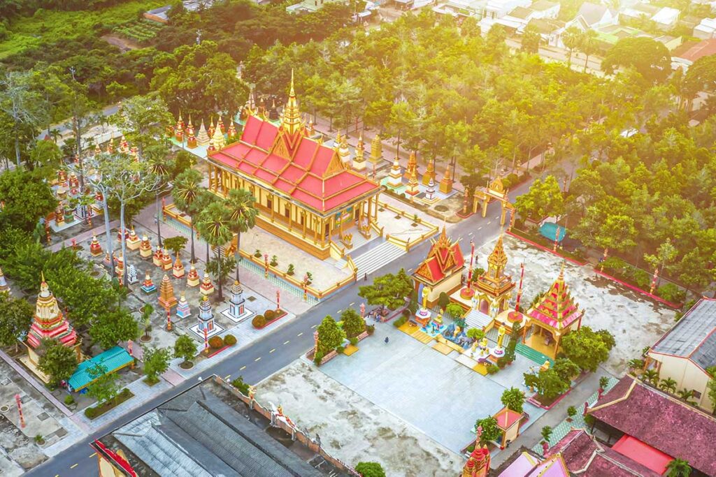 Aerial view of Xiem Can Pagoda in Bac Lieu